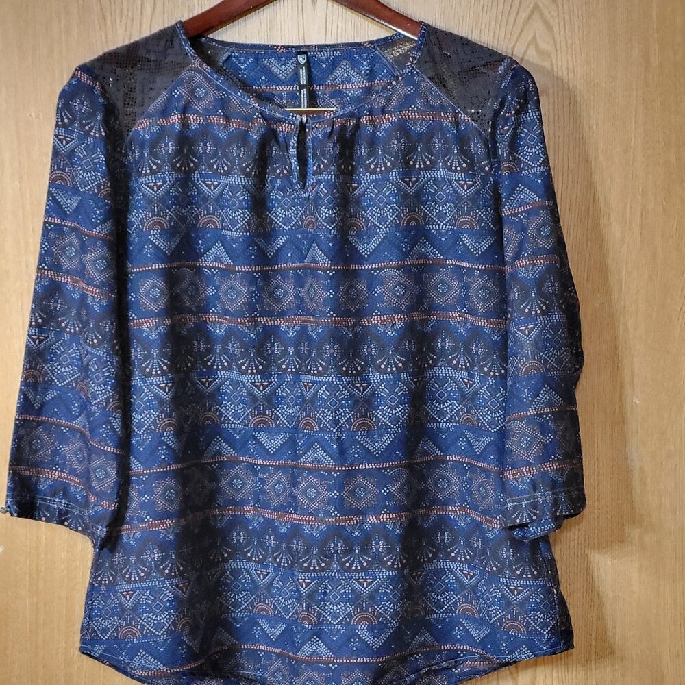 Kuhl XL Flora Pullover Blouse Slate Blue Print Cotton/Silk Blend 3/4 Sleeves